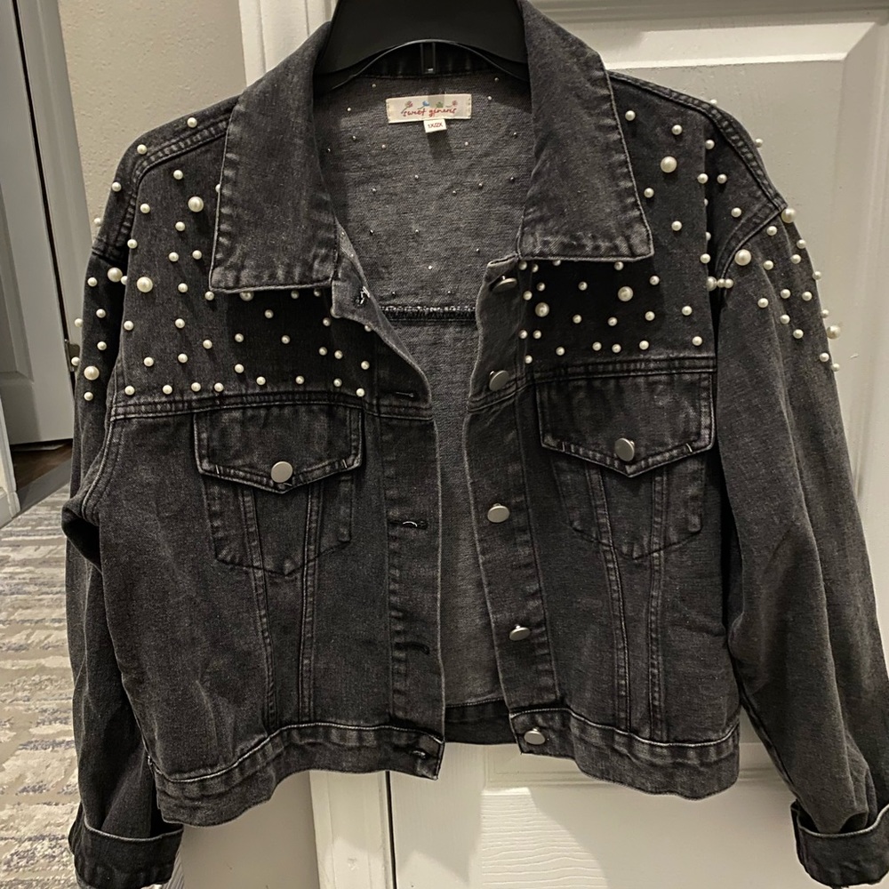 Pearl jeweled cropped jean jacket